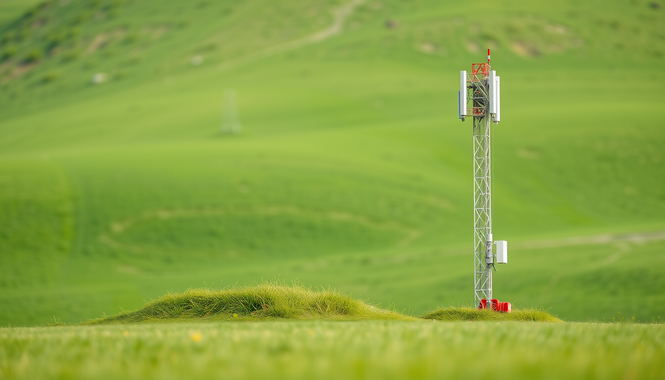 Main art studio: Make a cell tower on the right side of the image that is on a grassy but small field