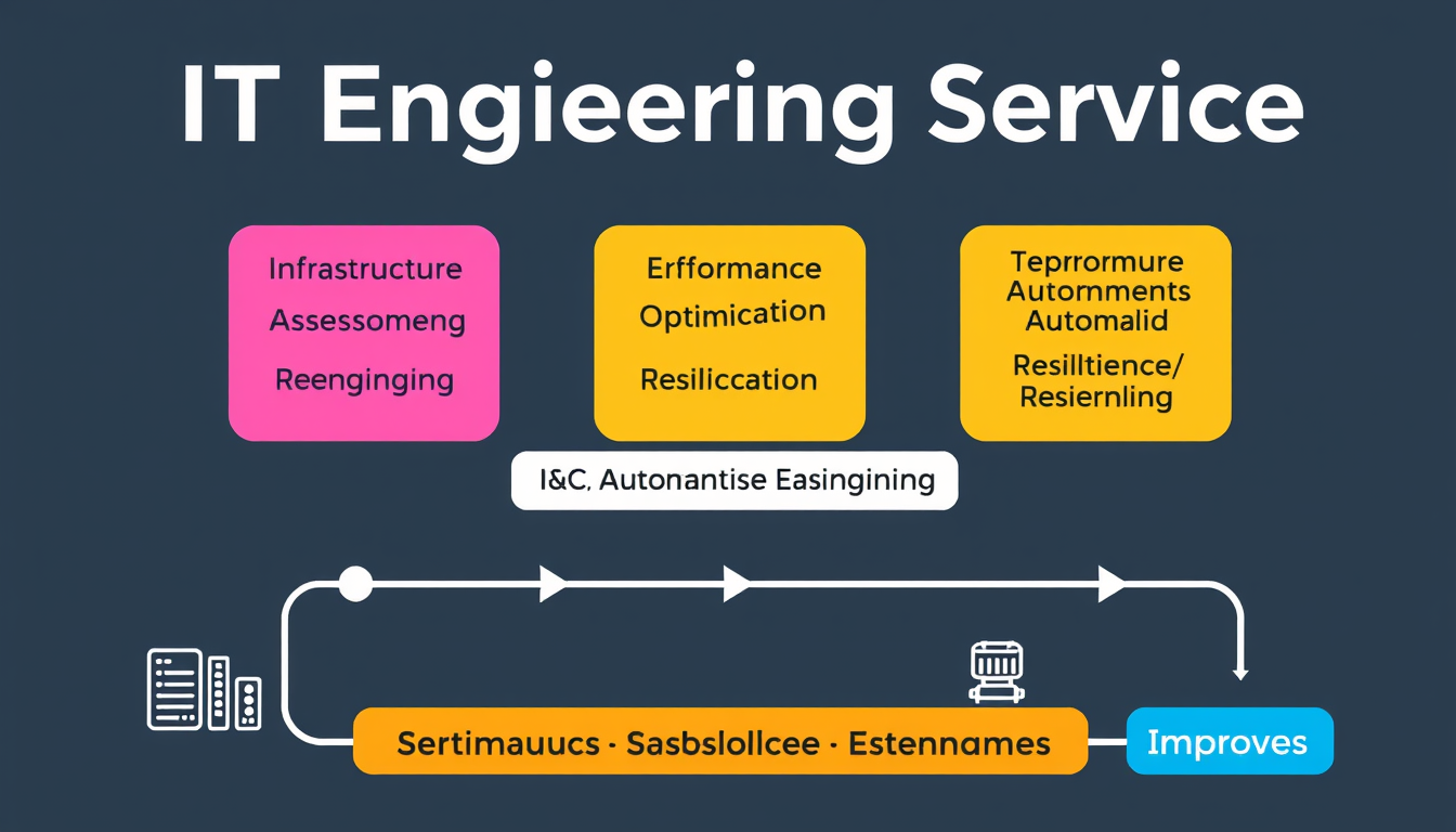 Main art studio: Professional technical infographic titled “IT Engineering Service”. Top: Infrastructure Assessment Top: Re-engineering. Center: Advanced Troubleshooti