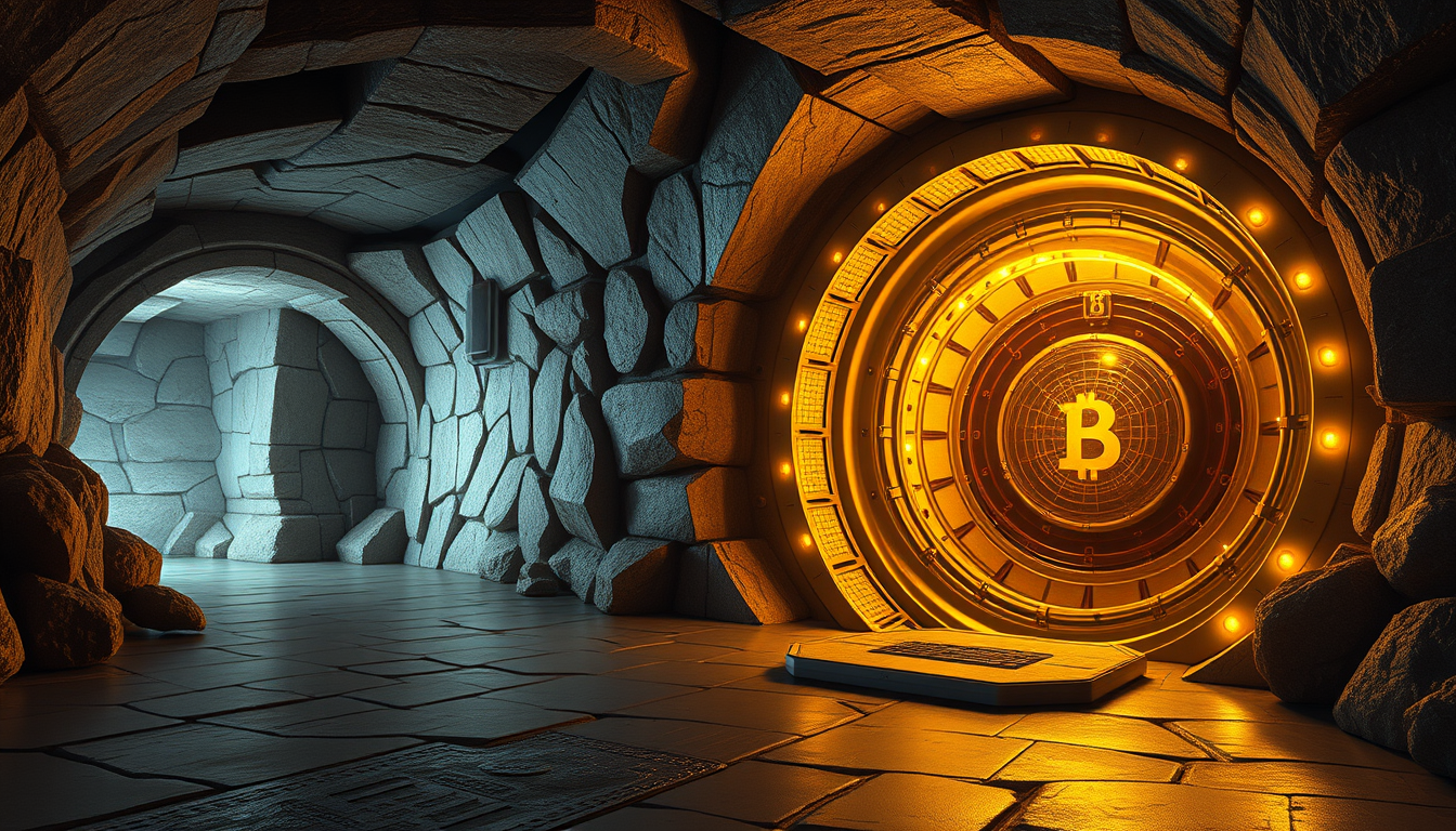 Main art studio: A massive underground vault glowing with gold light, protected by futuristic security systems, representing financial safety, ultra realistic