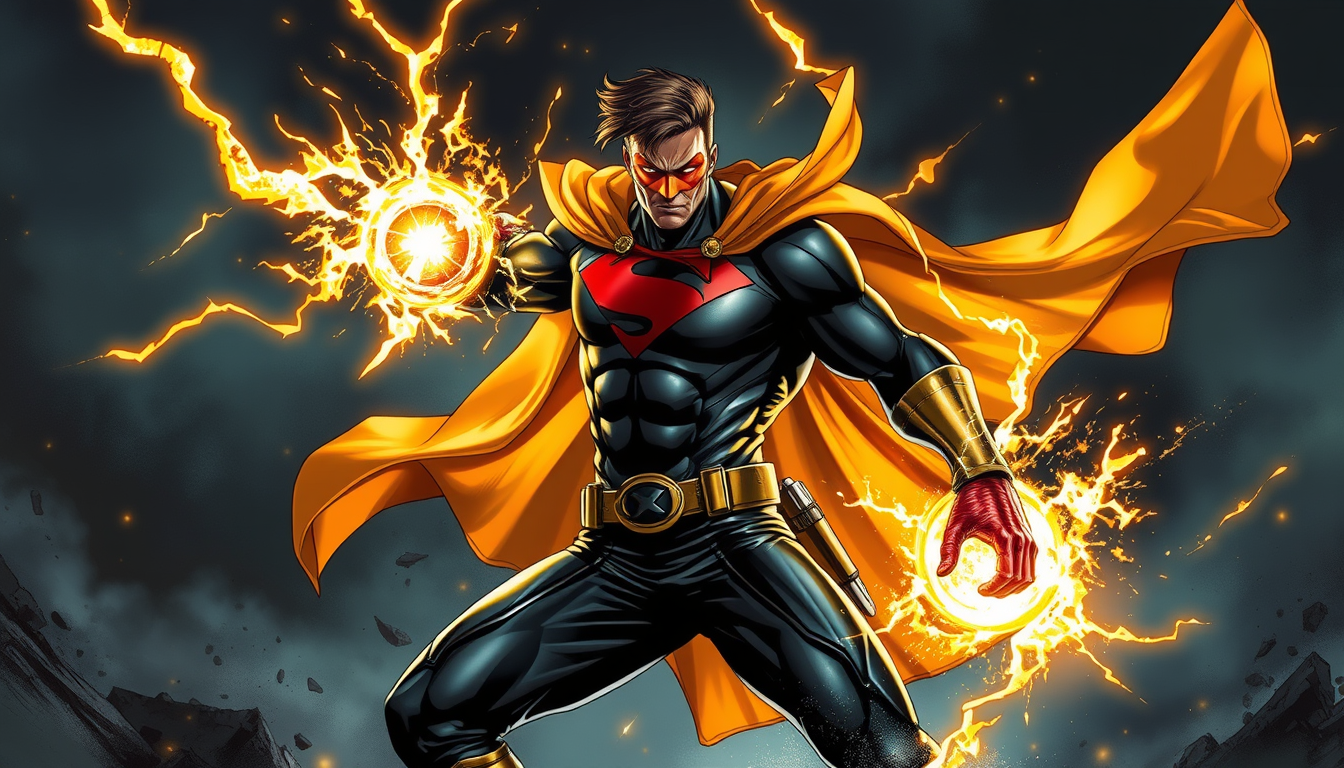 Superhero idea created from the prompt: original superhero character design, dynamic pose, bold costume, dramatic lighting, comic art energy, fais un super héros qui ressemble à un