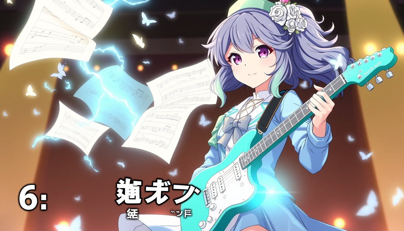 AI Art prompt example created from the prompt: Create a high-quality Japanese anime episode thumbnail for Episode 6, featuring Asahina Meguri, a 14-year-old female guitarist and justice-l
