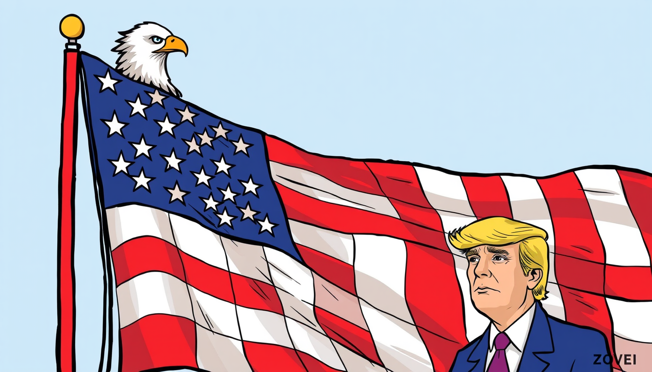 Main art studio: Draw me a cartoon picture of an American flag with the bald eagle sitting on top of it print across one of the red stripes of the American flag vote r