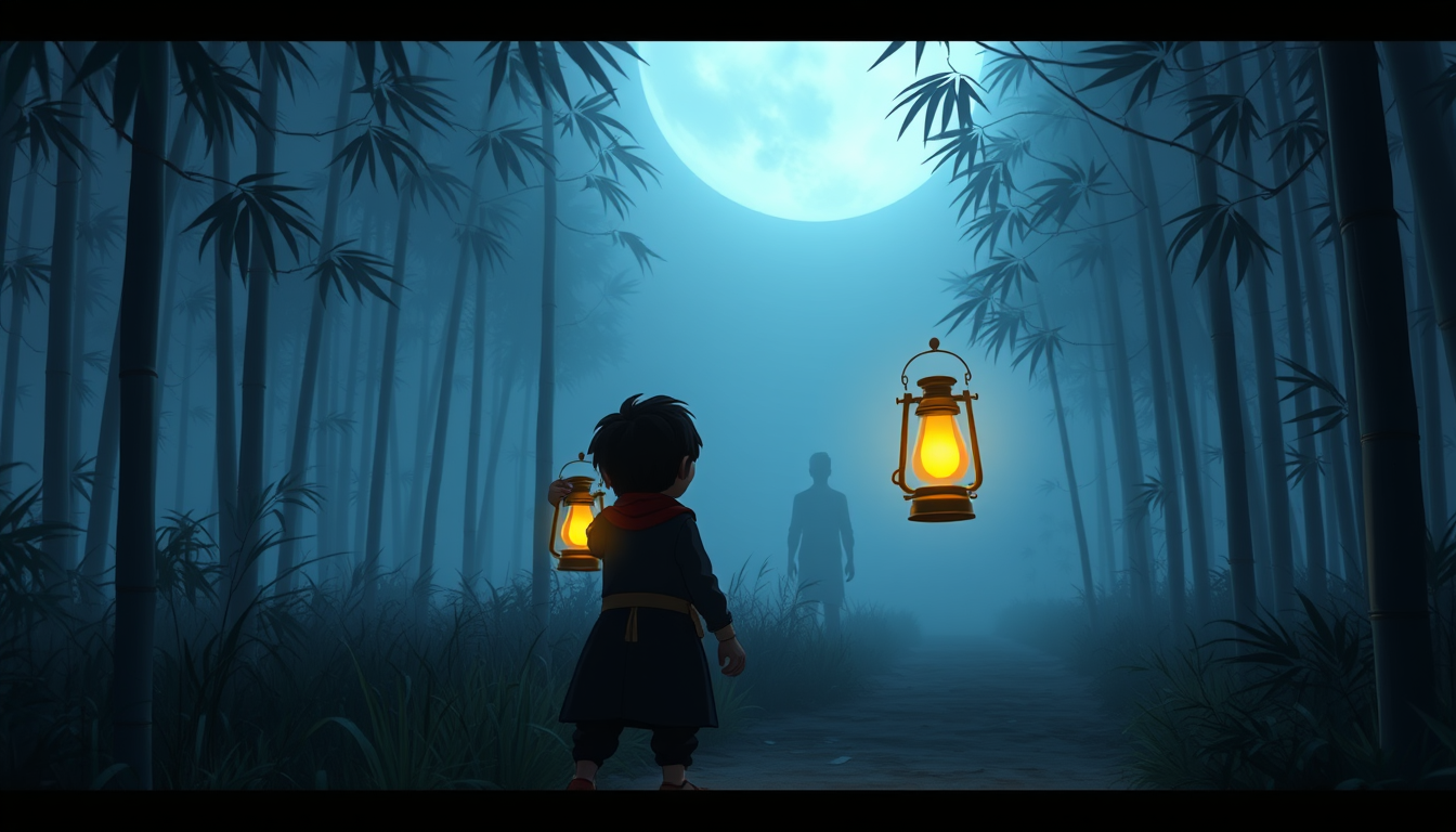 Main art studio: Same Rashed character, same black hair, beard and dark navy outfit. Semi-realistic 3D cartoon Bengali horror. Rashed stands on a dark village path hol