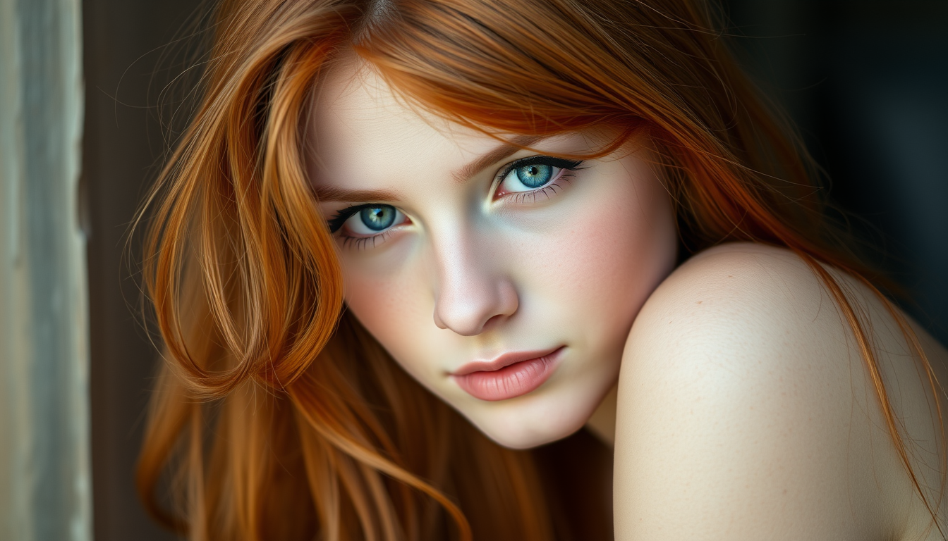 Main art studio: Very beautiful blue-eyed, red-haired girl, about 25 years old, body visible from head to toe