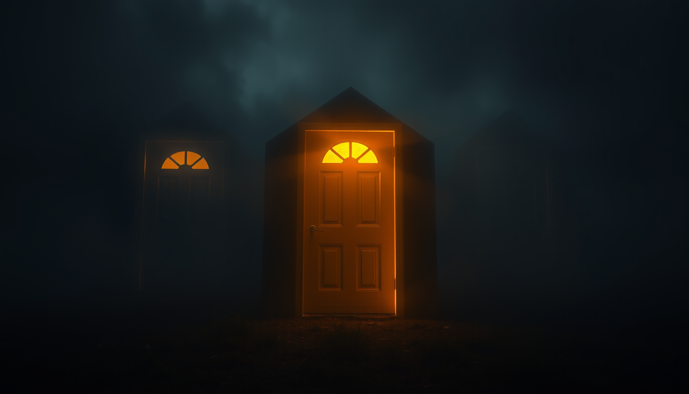 Main art studio: Three mysterious glowing doors standing in a dark misty landscape, one illuminated with warm golden light, one covered in deep shadows, one appearing