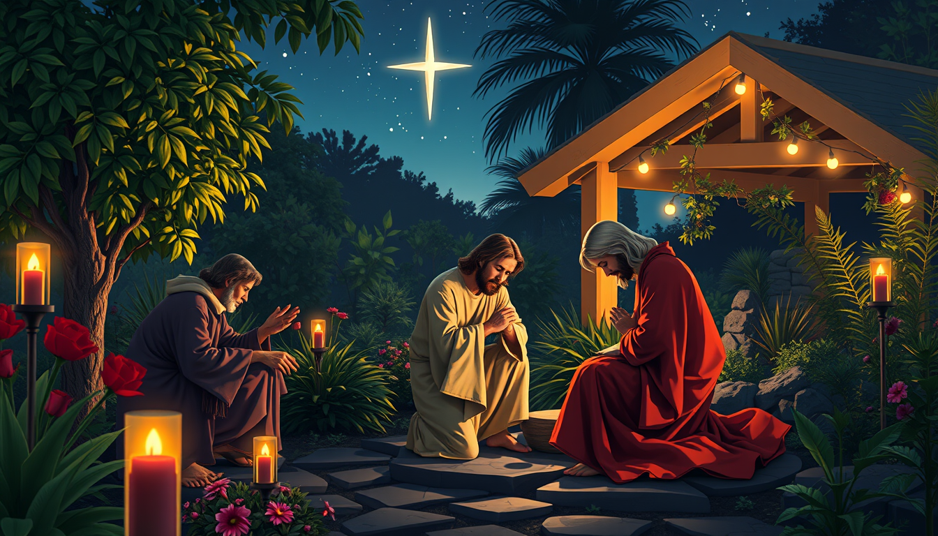 Main art studio: Garden of gethsemane with Jesus kneeling in pain. Happy colors, and clean, modern art, Jesus only in a he pictures at night, realistic