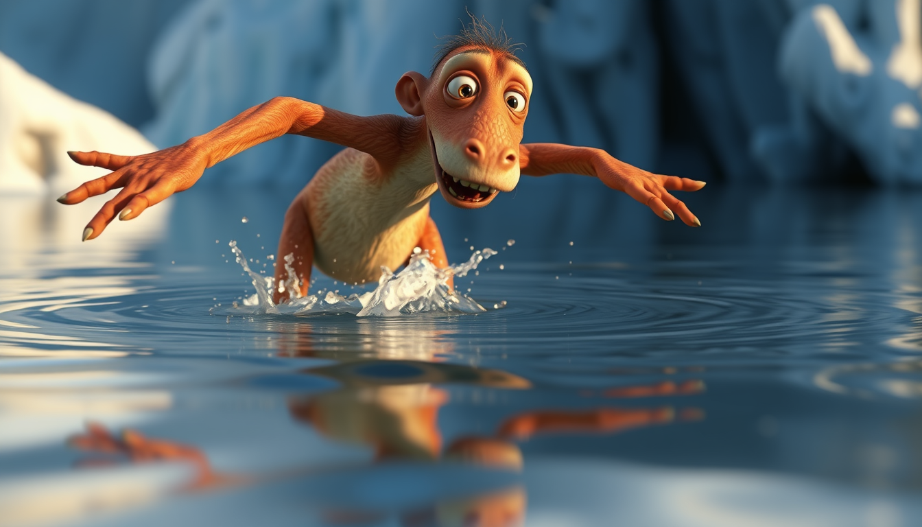 Main art studio: Sid from Ice Age film start to jump out of the water, lower body an hands are inside the water