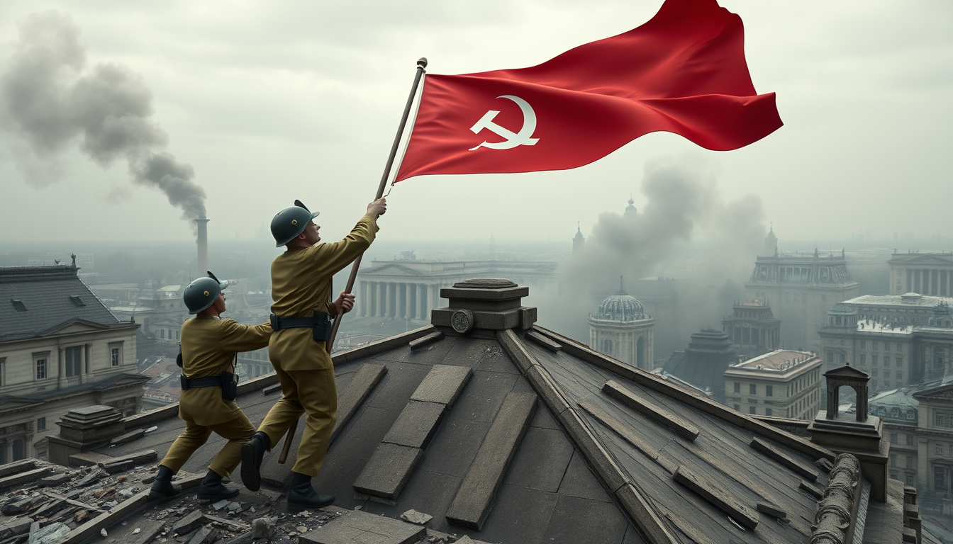 Main art studio: Cinematic 3D animated historical recreation inspired by the famous Soviet flag-raising over the Reichstag in Berlin, late April 1945, Soviet soldiers