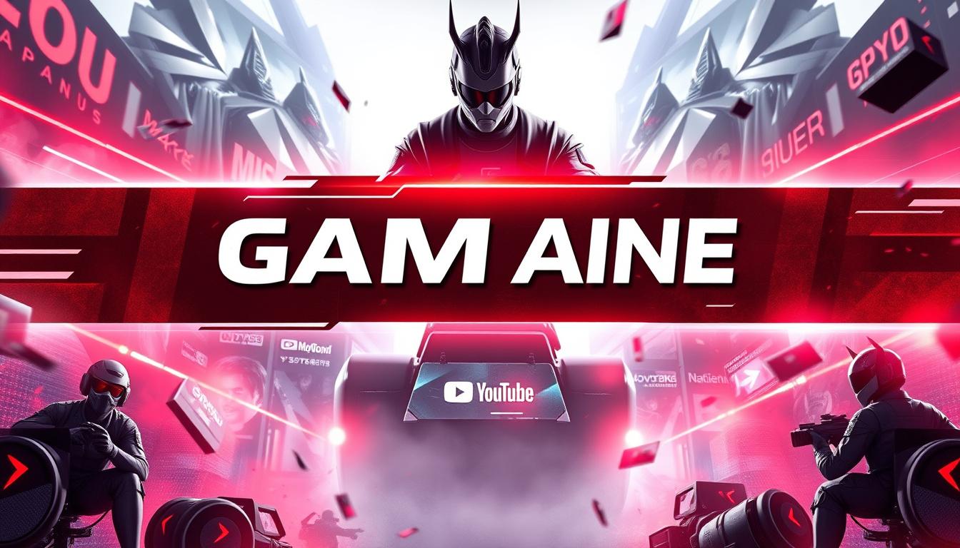 YouTube Banner idea created from the prompt: youtube channel banner, wide 16:9 composition, bold branding graphics, Make it image like to use on gaming channel , channel-art ready banne