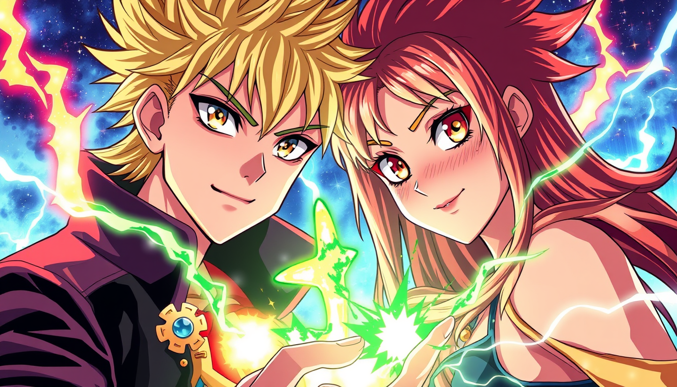 Anime idea: anime style, vibrant colors, expressive eyes, Mi crei una copertina con un personaggio simile a bakugo con poteri del fuoco uno con poteri dei tornadi