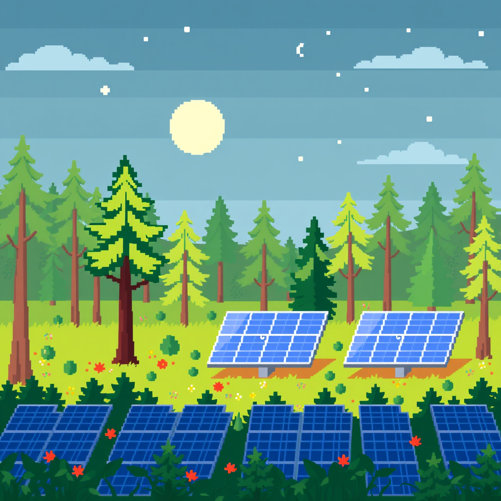 Main art studio: Solar panel farm on the woods pixel art 256x256 pixels