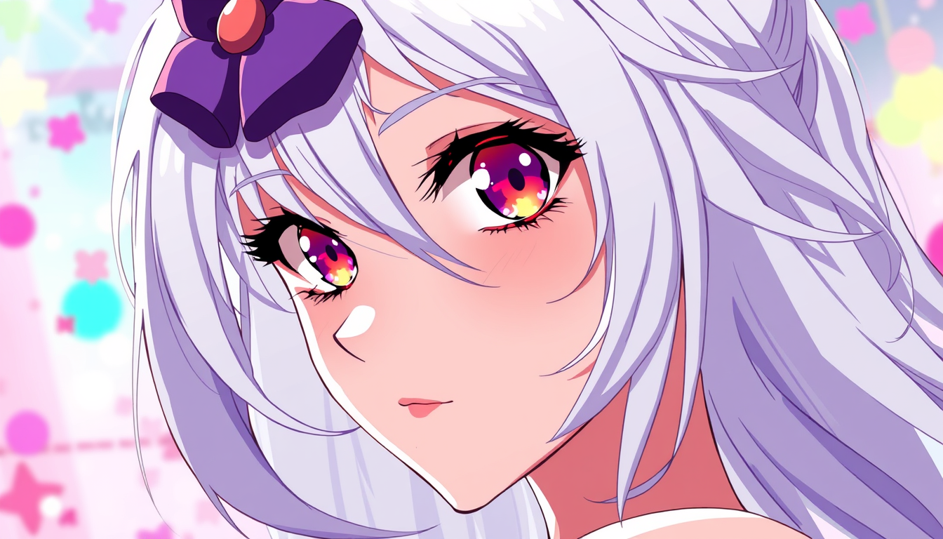 Anime idea: anime style, vibrant colors, expressive eyes, una mujer de pello blanco y atractiva falda con tela de oro y balnco , detailed anime illustration