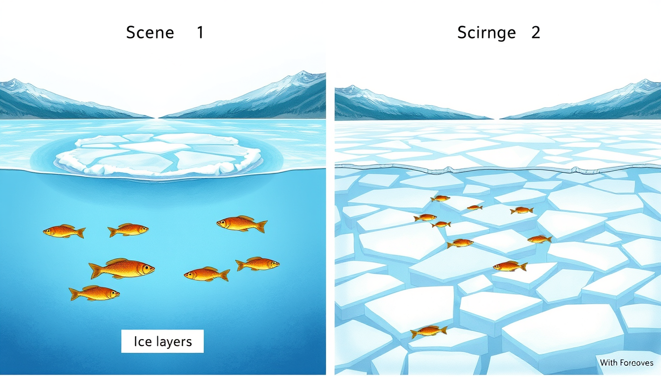 Main art studio: Create a neat, proper educational science illustration for Grade 6. Two side-by-side lake scenes. Scene 1: realistic ice layer floating on the lake su