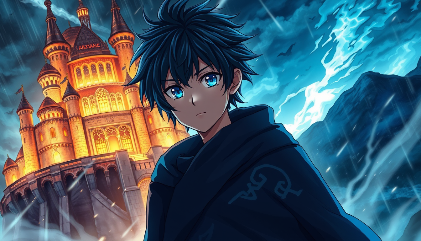 Anime idea: anime style, vibrant colors, expressive eyes, Un ragazzo anime con capelli neri spettinati, occhi azzurri, felpa nera con simboli misteriosi, in piedi