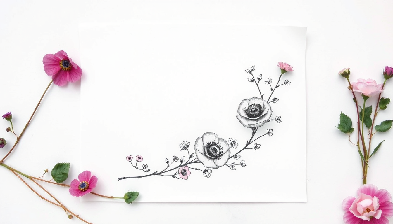 Main art studio: Grundlage: DinA5 Papier - 6 Rahmen im schlichten Boho Stil mit Wildblumen - Stil : gezeichnet mit Bleistift -Schwarz weiß - Grundlage für spätere frag