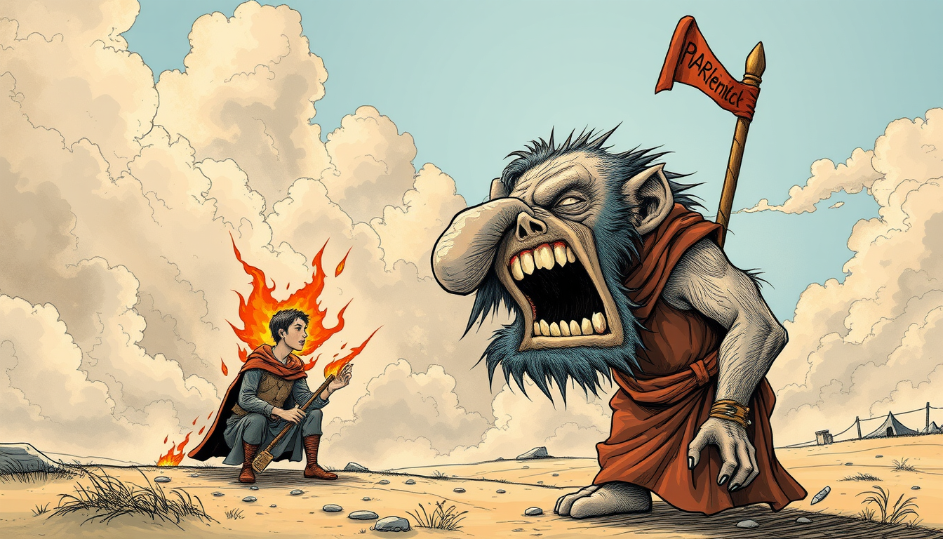 Main art studio: karikatur darstellung ein mensch der von einem amboss erschlagen wird