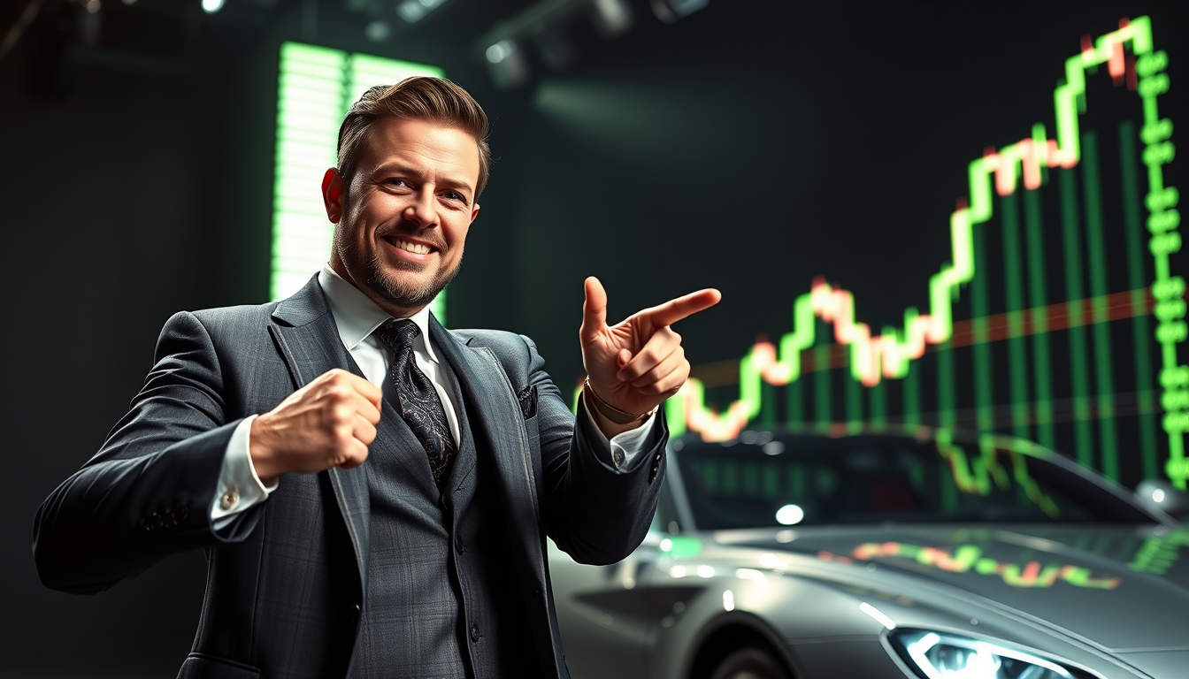 Main art studio: YouTube finance guru clickbait thumbnail, confident male financial influencer in an expensive suit pointing dramatically toward a huge rising stock ma