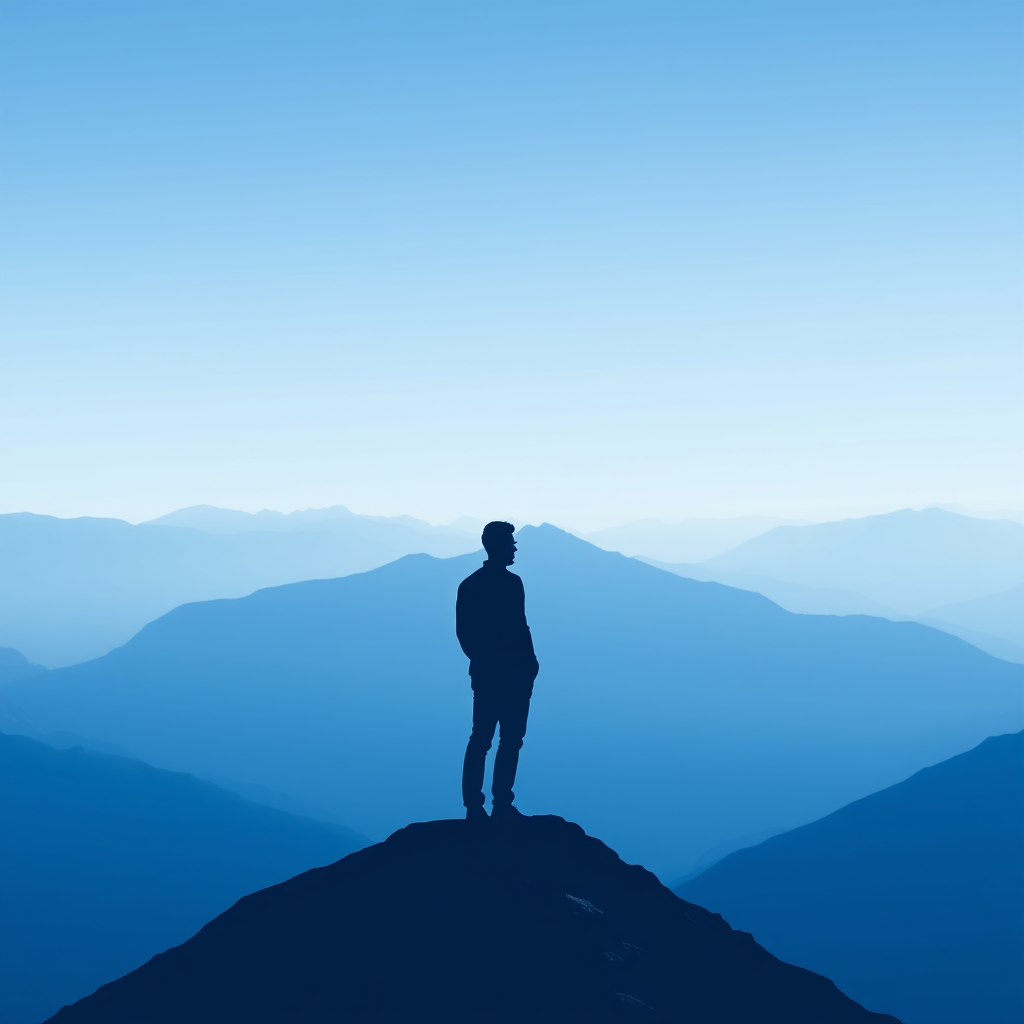 Main art studio: minimalist, geometric, indigo gradient, man stand in peak