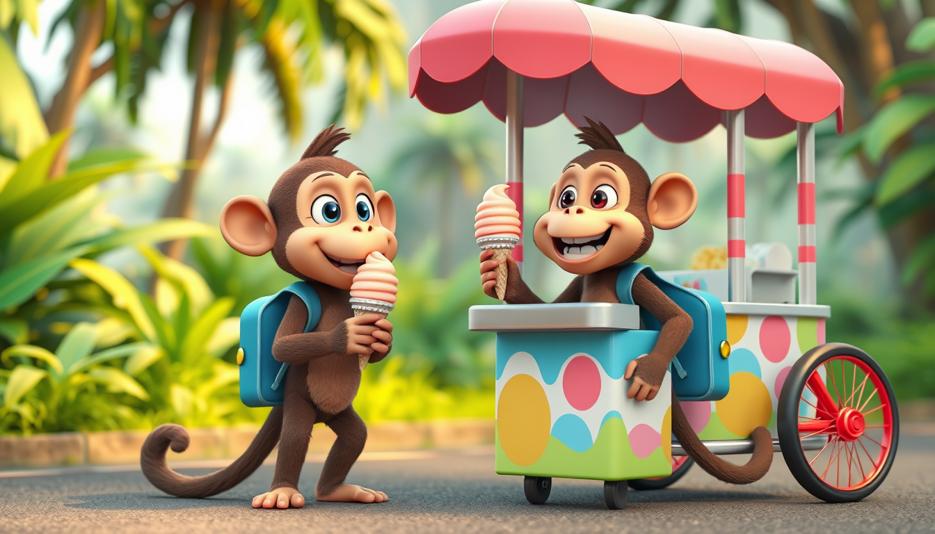 Main art studio: Cute funny 3D cartoon monkey friend offering a delicious ice cream to the school-going monkey, both standing beside a colorful ice cream cart, excited