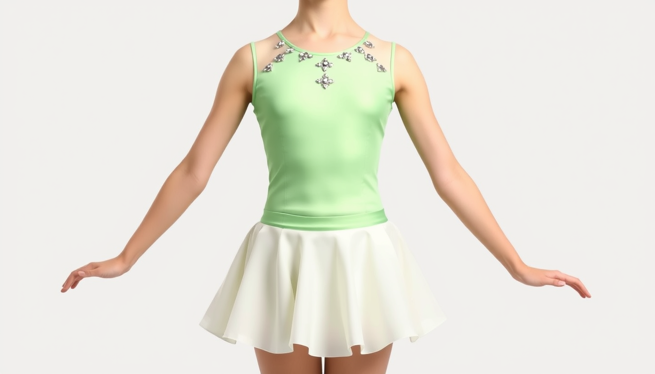 Main art studio: design me a lyrical dance costume for a 12 year old with a pastel green top and an ivory short skirt small diamonds on the top