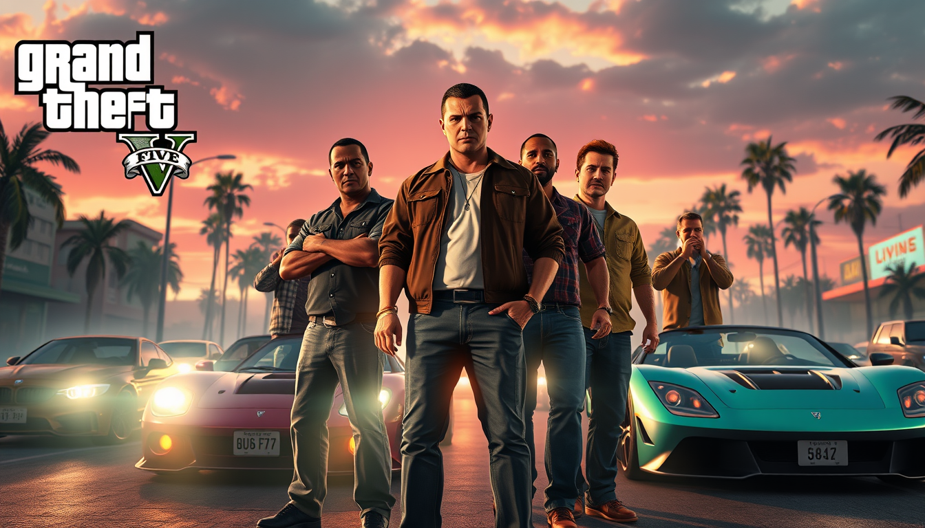 Main art studio: Epic GTA V gaming channel banner, Michael, Trevor and Franklin standing together in the center, Grove Street crew gathered behind them, Los Santos str