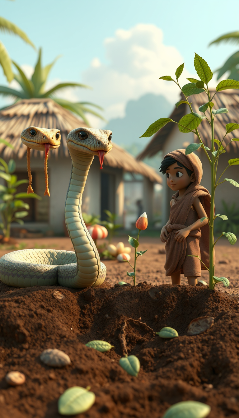 Main art studio: A funny Reverse World in an Indian village. Snakes are living and working like humans, wearing simple village clothes and doing farming. Humans are gr