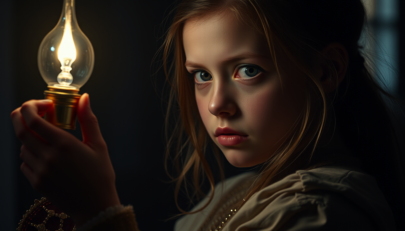 Main art studio: Hyperrealistic image, girl in dark in hand has cadle which is lighting her face,