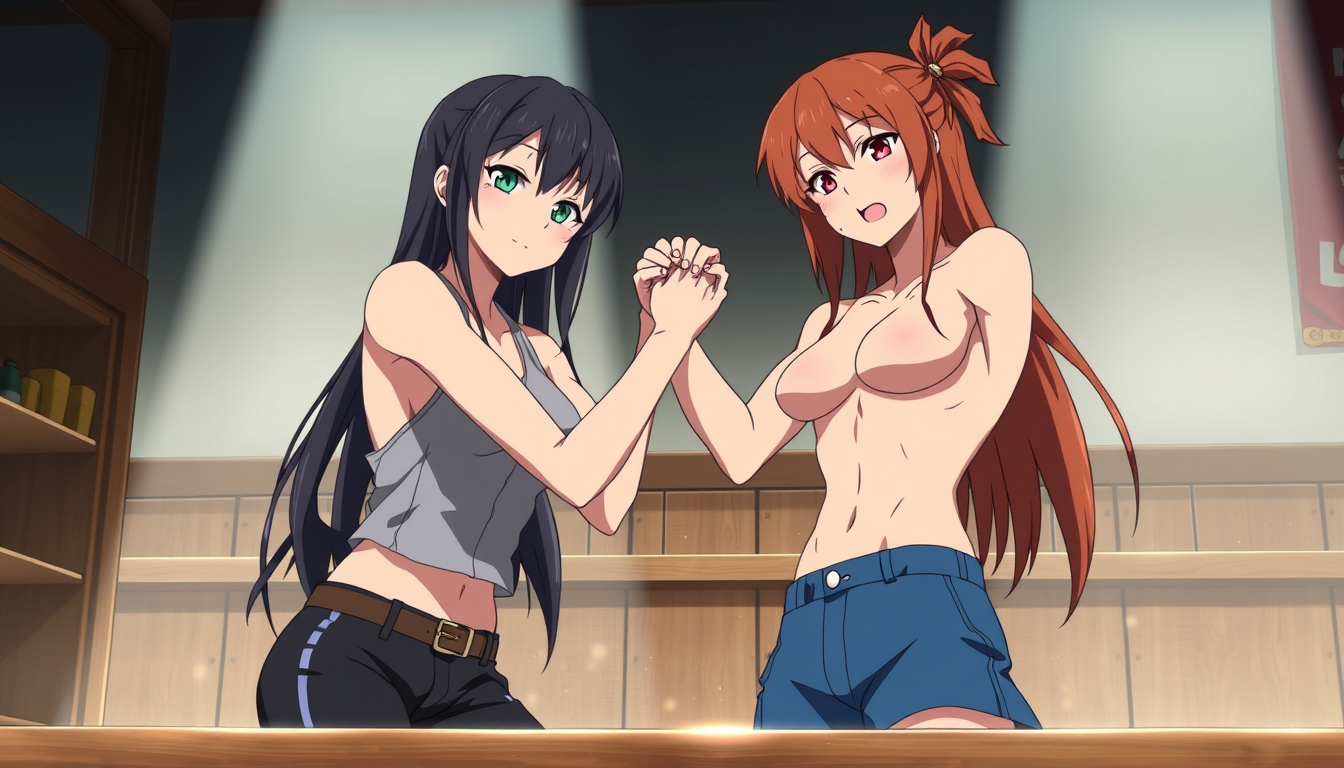 Main art studio: Anime Mikasa Ackerman and Yoruichi Shihōin Abs toned bodies and sweat sexy Anime action scene arm wrestling