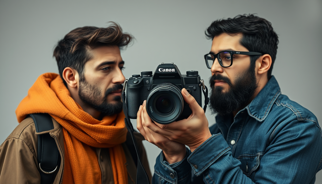 Main art studio: crie uma imagem plano geral dois meninos com a camera na mão e as roupas na cor vermehna e ele pressisar ser um humano