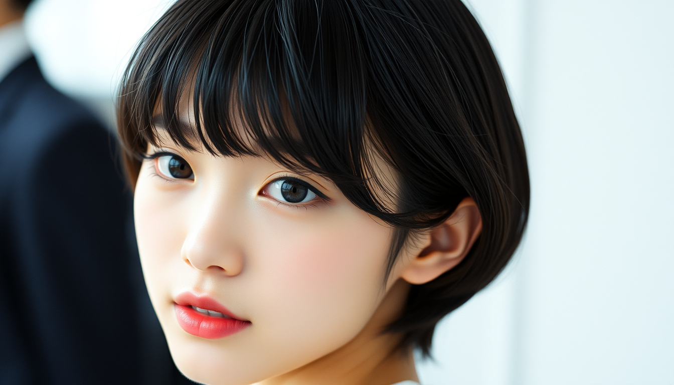 Main art studio: Contemporary Japanese fashion magazine portrait, young Japanese woman, petite and elegant, small oval face, refined almond-shaped eyes, short glossy b
