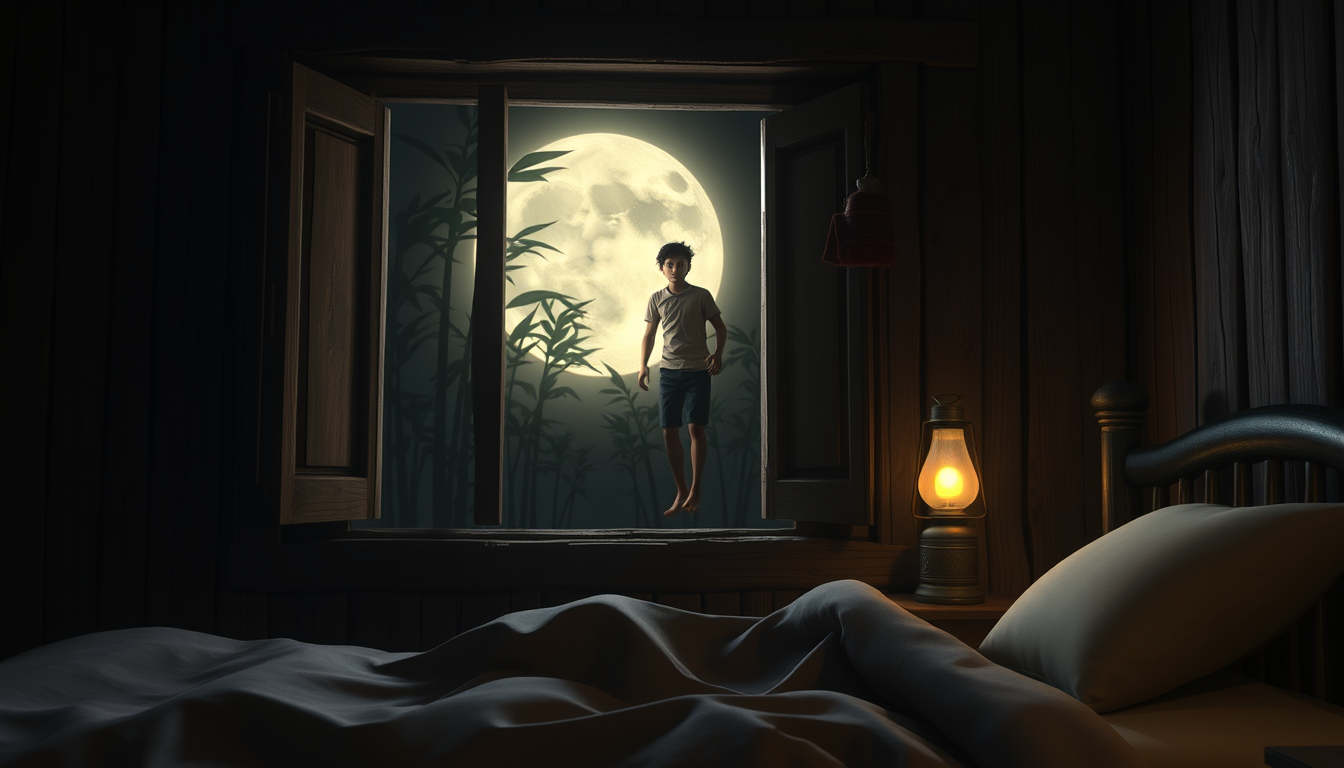 Main art studio: Use same Rashed reference image to maintain the same character appearance and clothing. At midnight inside a traditional rural Bangladeshi bedroom, Ra