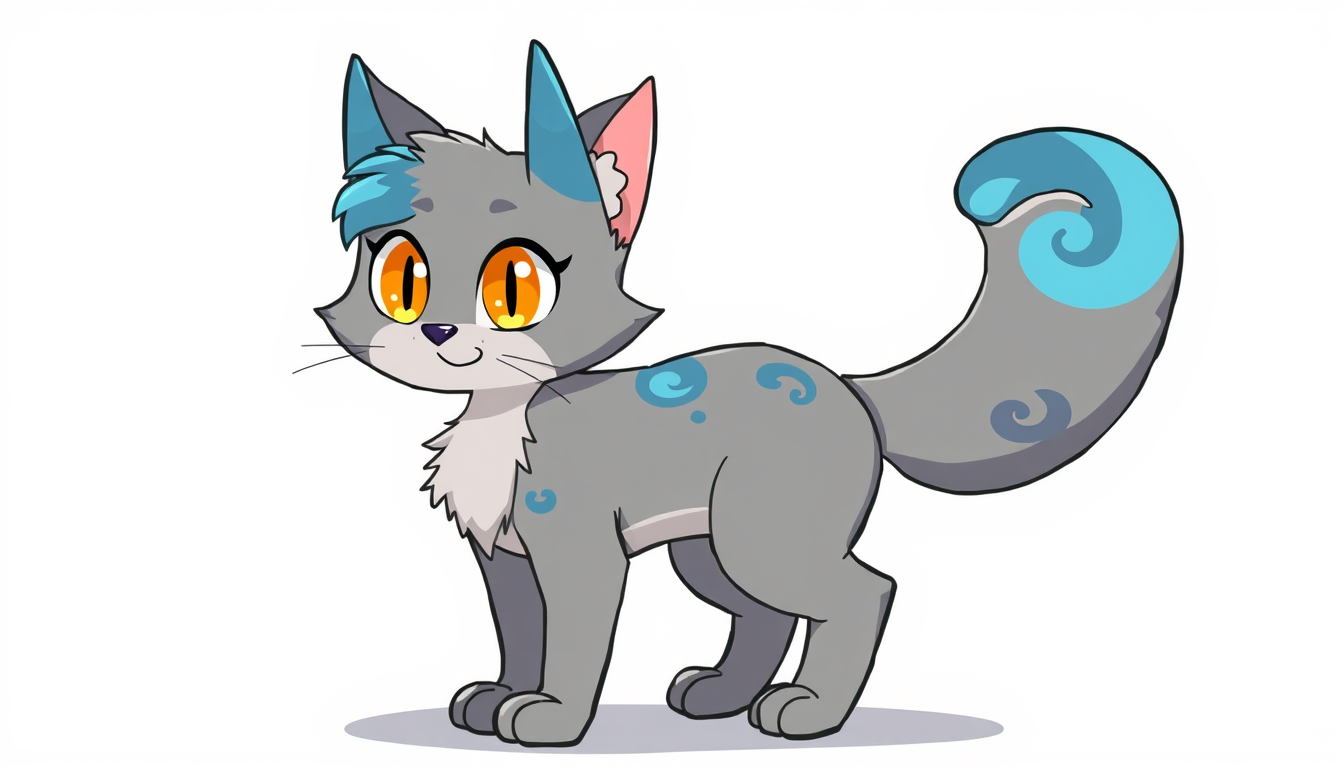 Fursona idea created from the prompt: fursona character, anthropomorphic animal design, expressive personality, reference sheet style, grey cat with blue swirls big orange eyes b