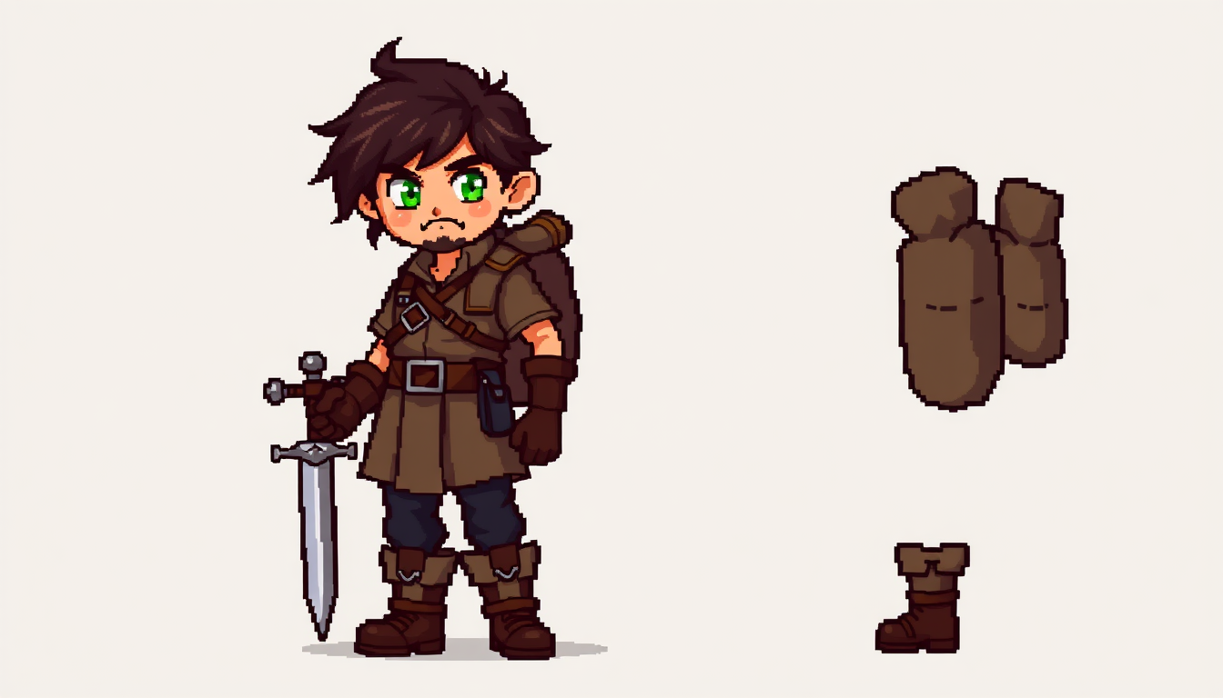 Main art studio: Detailed 16-bit pixel art character sprite for a 2D fantasy RPG. Full-body young male adventurer, front-facing, neutral standing pose. Messy dark brow