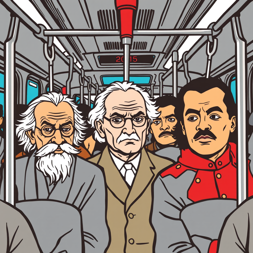 Main art studio: writing{variant=“standard” id=“47195”} Einstein, Gandhi, Hitler and Michael Jackson on a crowded city bus, hanging from overhead straps, funny everyda