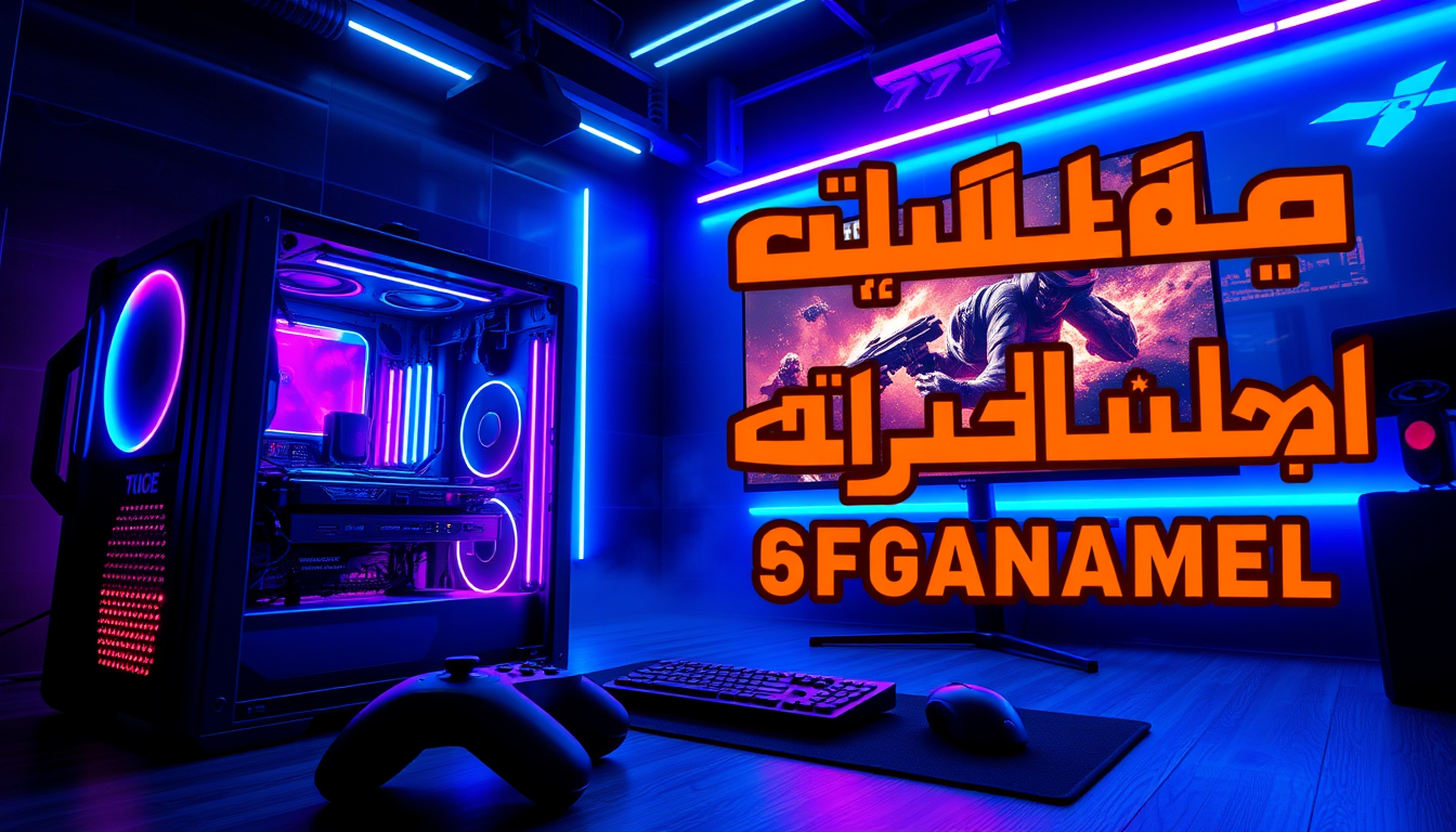 Main art studio: Epic Persian gaming channel cover, futuristic neon gaming room, powerful gaming PC with RGB lights, huge monitor showing an intense action game, gamin