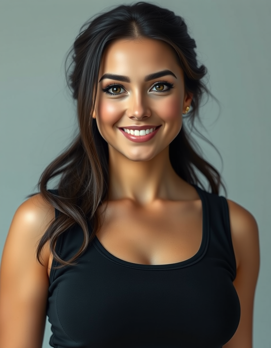 Main art studio: Photorealistic full-body adult woman with a soft oval face, rounded cheeks, dark almond eyes, full dark brows, straight narrow nose, medium-full lips,