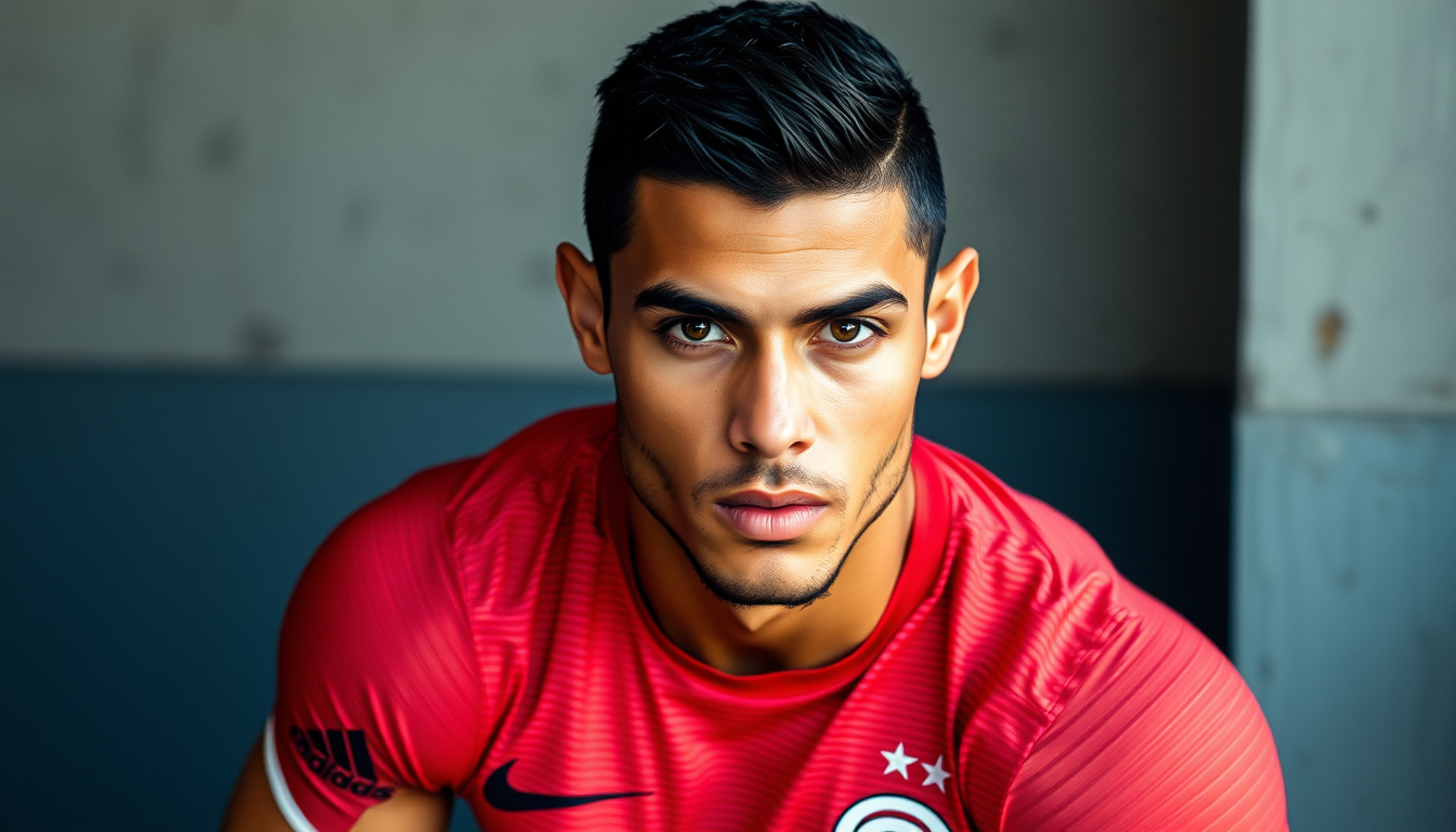 Main art studio: pelo negroa chicho con muscolos y venas alto de 180cm ojos verde cara poco arabe con poco barba y un taper fade y blanco en piel con nike tech y mucho
