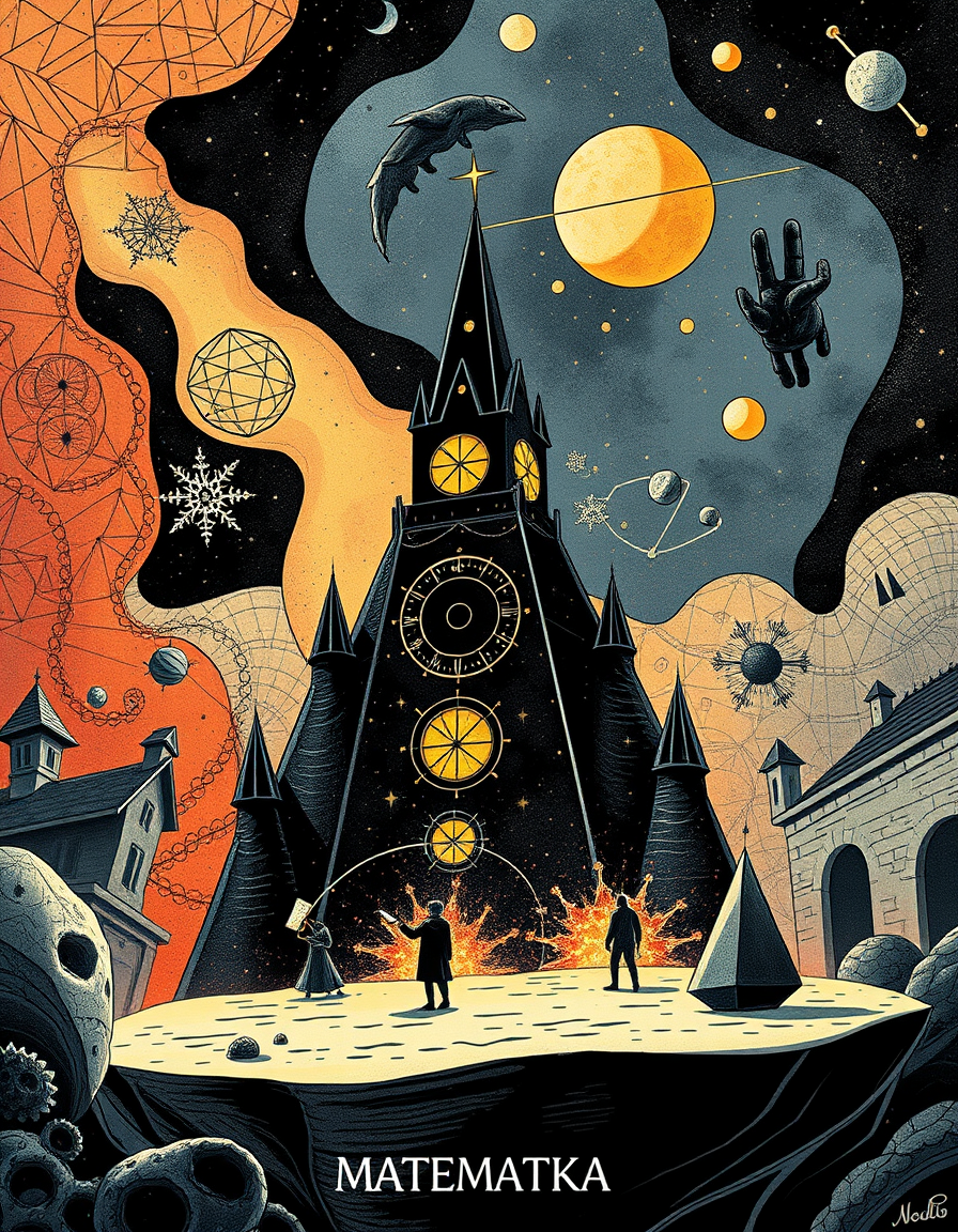 Main art studio: Bajkowa ilustracja ołówkiem, pionowa. Ogromny kalkulator jak część magicznego świata. Na jego szczycie siedzi mała postać widziana od tyłu, widać tylk