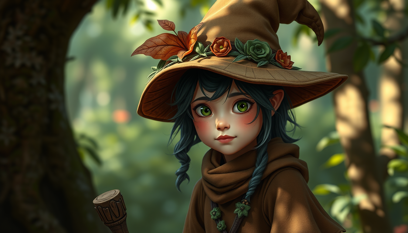 Npc idea: original non-player character concept, readable role and personality, distinctive practical costume, A young and cute forest witch , coherent setting,