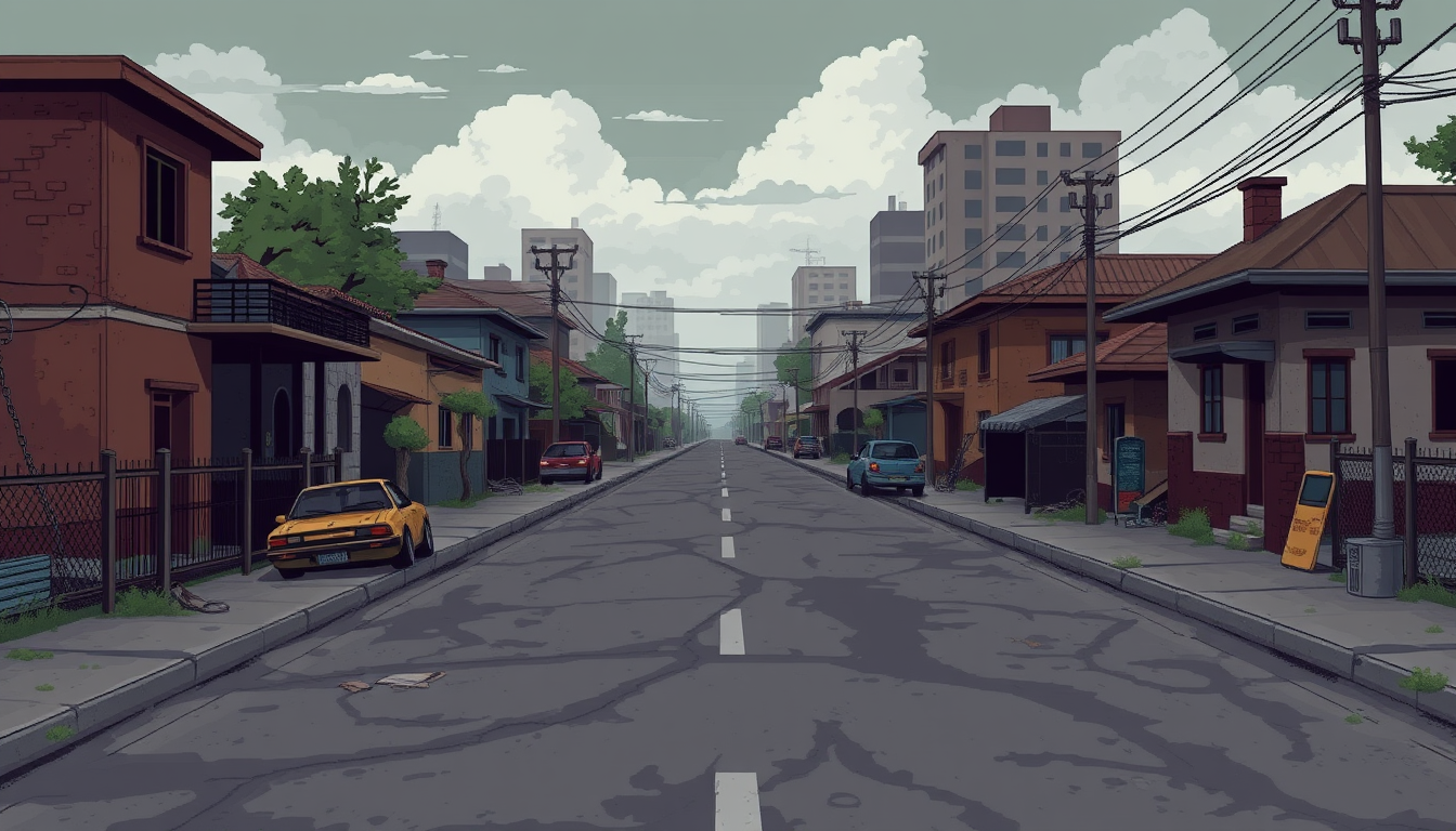 AI Pixel Art idea created from the prompt: pixel art, 32x32 sprite scale, limited palette, retro 16-bit game art, 2D side-scrolling zombie game level, Metal Slug style. Side view of a