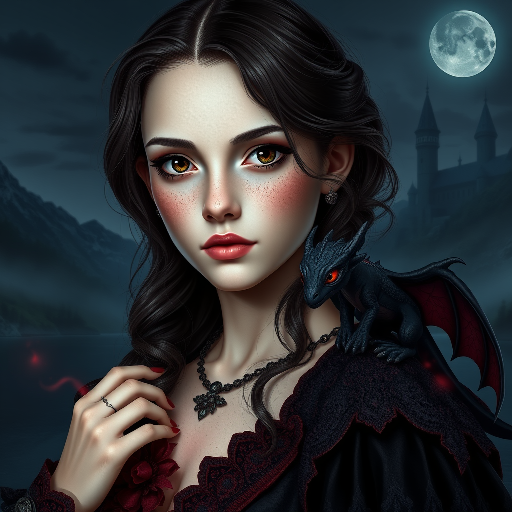Main art studio: Semi-realistic fantasy portrait of a young adult woman with very pale, cool porcelain skin, a soft rounded face, large expressive brown eyes, a natura