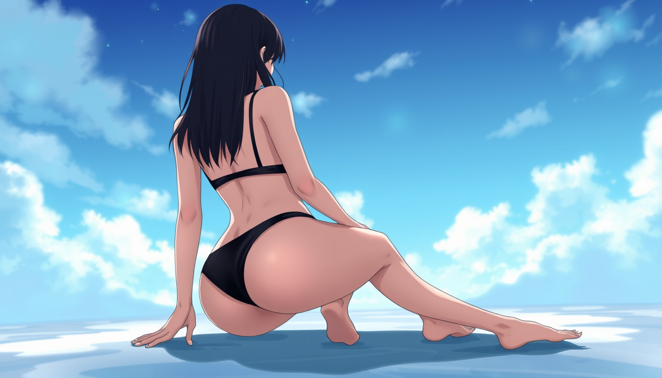 Main art studio: a anime women in her 20's wearing a black dark bikini, she has black hair, i want a rier view from behind centered towards the viewer and under her wh