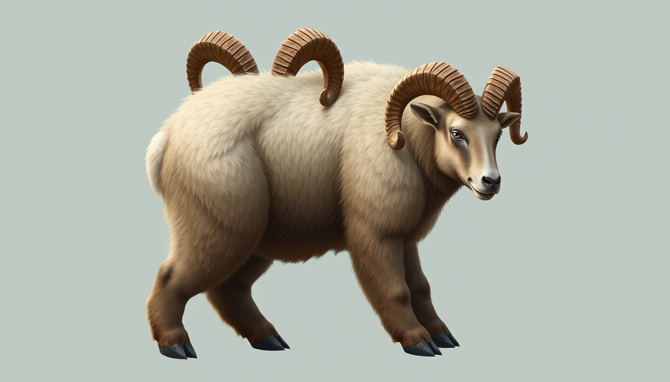 Main art studio: A creature the size of a larger bear, head shape of a bear with snout, but eyes, ears, and teeth will be mountain sheep, big rigged curled ram horns,