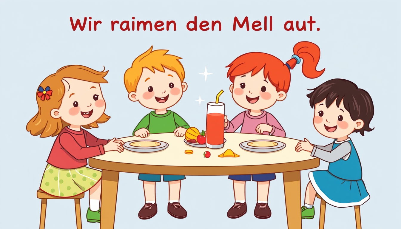 AI Art prompt example created from the prompt: Mehrere Kindergartenkinder räumen gemeinsam kleine Abfälle wie Servietten und Essensreste unter einem Tisch auf. Freundliche, klare und farb