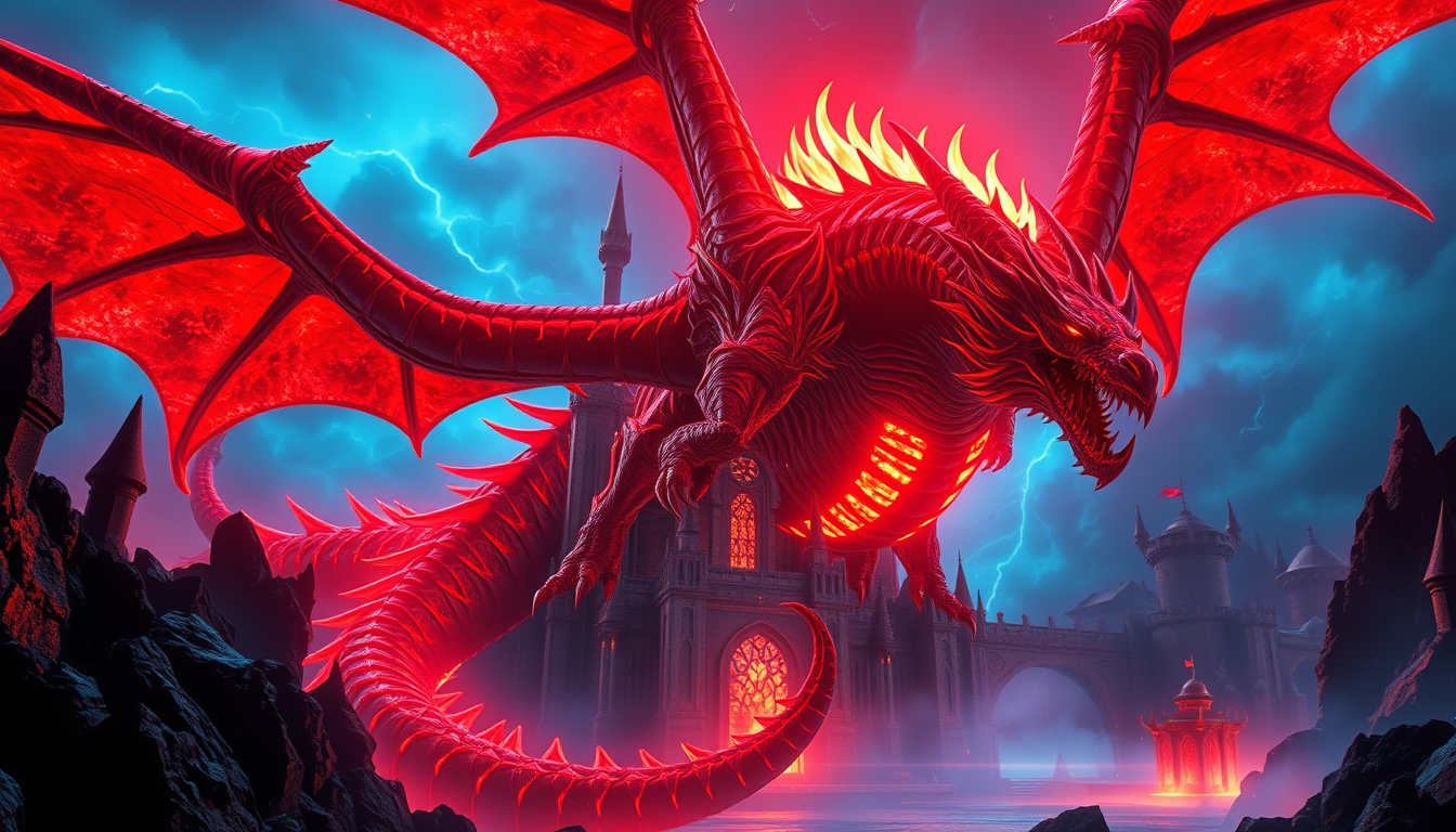 YouTube Thumbnail idea: youtube thumbnail, bold high-contrast composition, dramatic focal subject, space for text, Epic gaming YouTube thumbnail, giant glowing red dragon, da