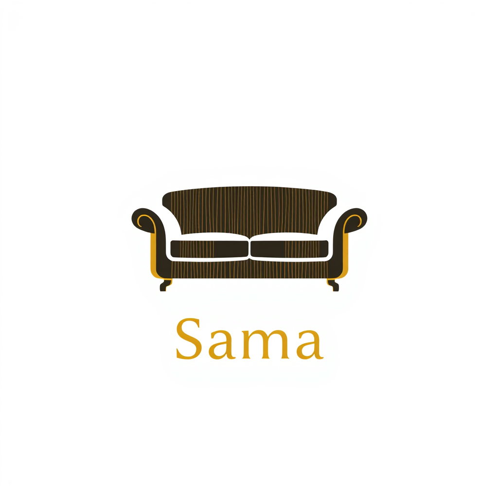 Main art studio: "Minimalist logo design for a furniture store named 'Sama', featuring a stylized elegant sofa or armchair icon, modern and clean lines, gold and dark
