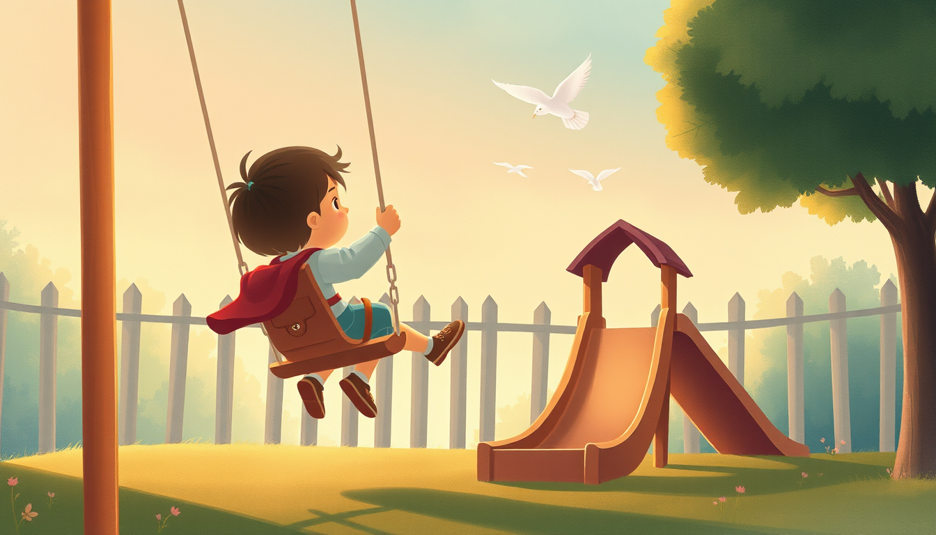 AI Art prompt example created from the prompt: “A child playing on a playground, riding a swing and sliding down a slide, looking at birds flying in the sky, a warm storybook illustration