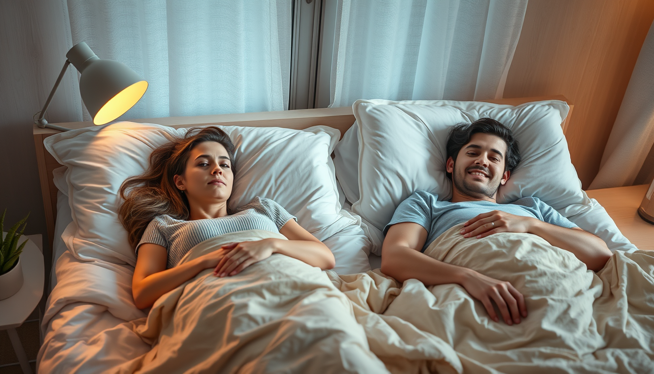 Main art studio: Fotorealistisches Schlafzimmer am Morgen, eine erwachsene Frau liegt entspannt in einem gemütlichen Bett, neben ihr liegt ihr erwachsener Freund. Beid