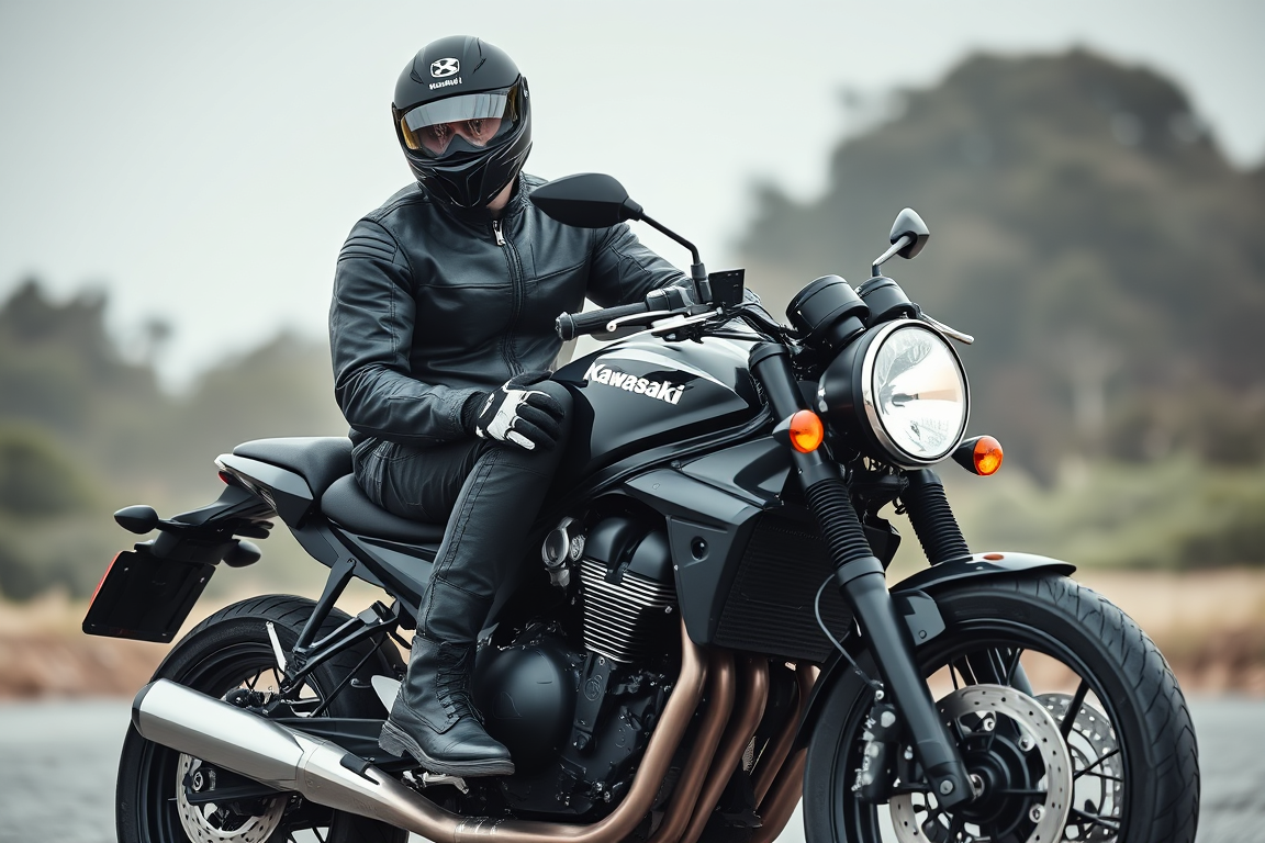 Main art studio: Black Kawasaki Z900RS. Rider seated on the bike—approx. 176 cm tall, 75 kg, muscular build. Wearing a black sporty leather suit and a black full-face