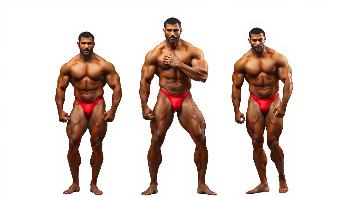 Main art studio: Ganzkörperfoto eines Bodybuilders von Kopf bis Fuß sichtbar. 30 Jahre alt. Posing-Trunk rubinrot. Schmaler Wettkampf-Posing-Trunk. Körpergröße 1,86 M.
